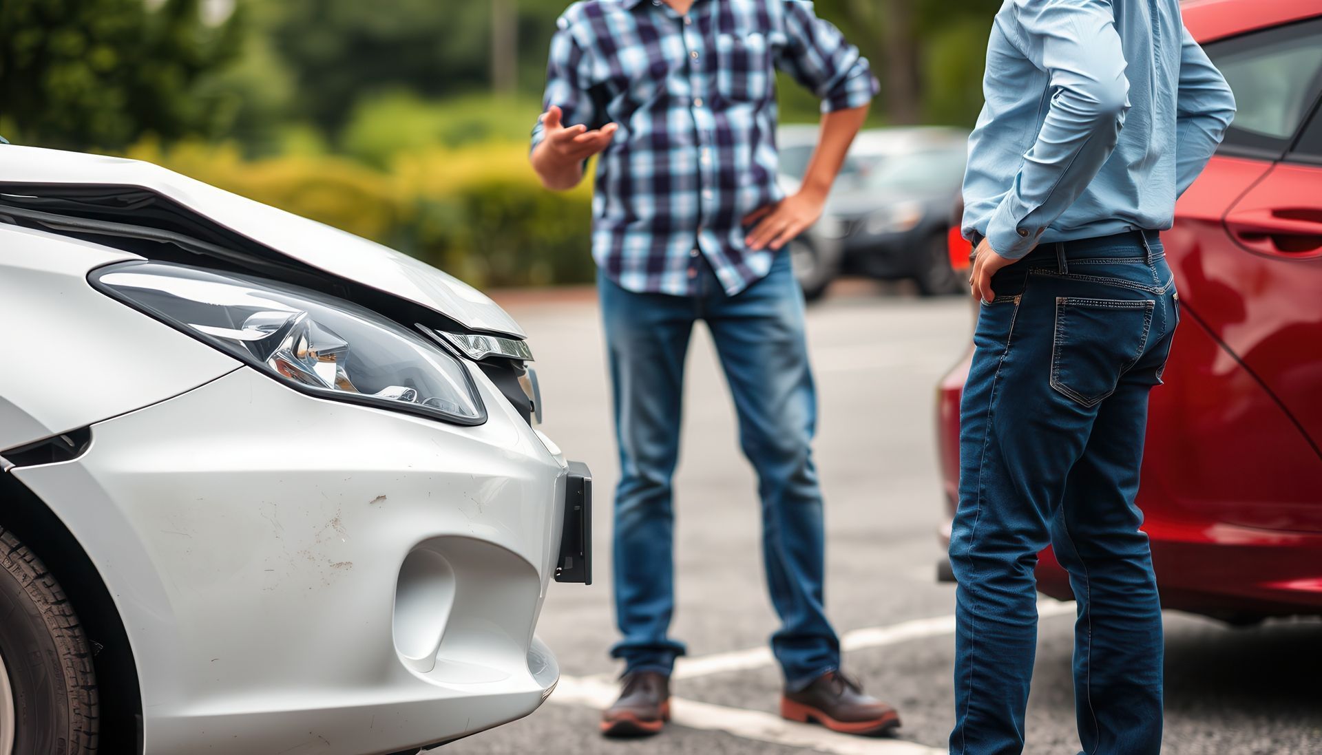 Two men talking after a car accident; a white car has front-end damage.