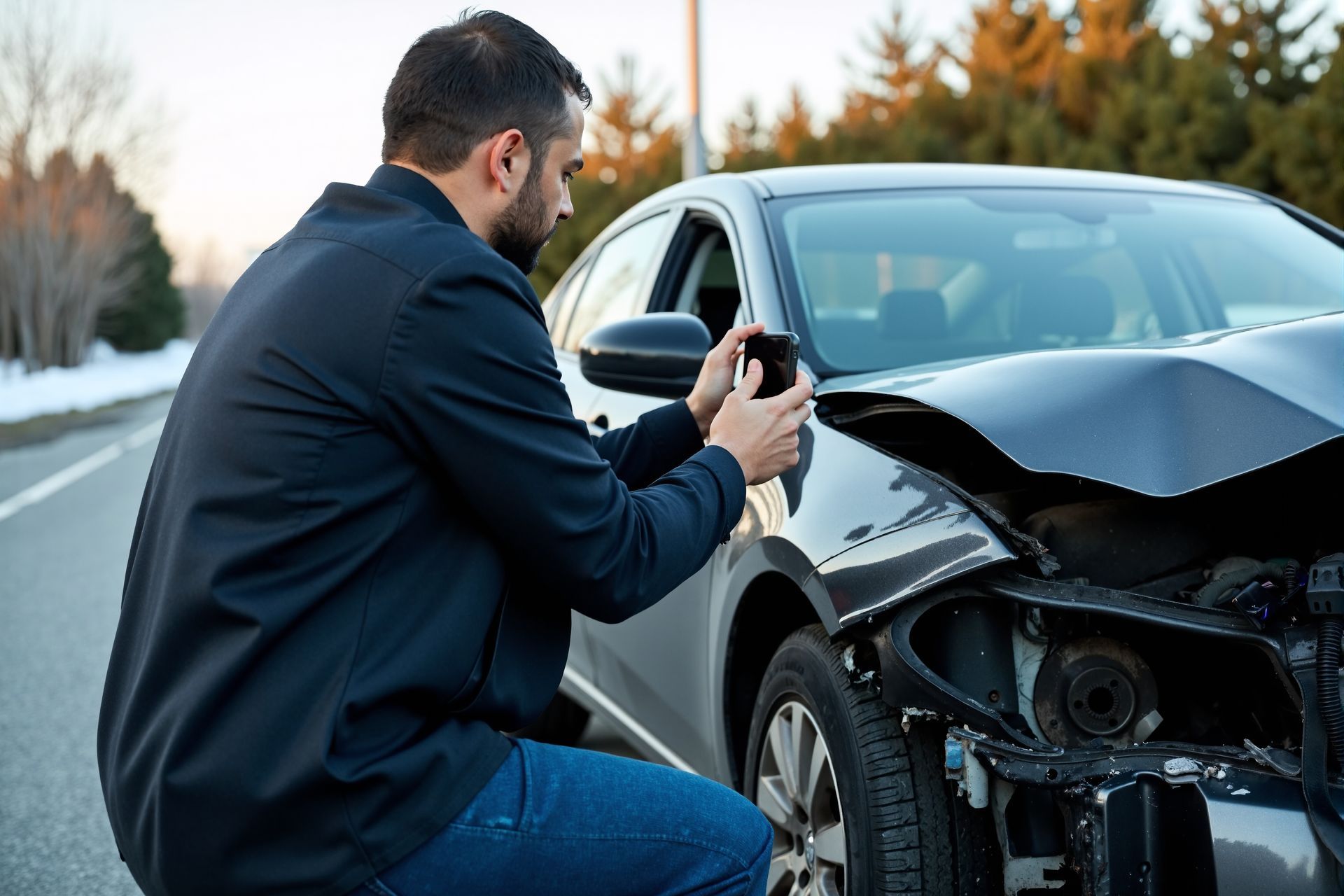 Man taking photo of damaged car on roadside. Man taking photo of damaged car on roadside.