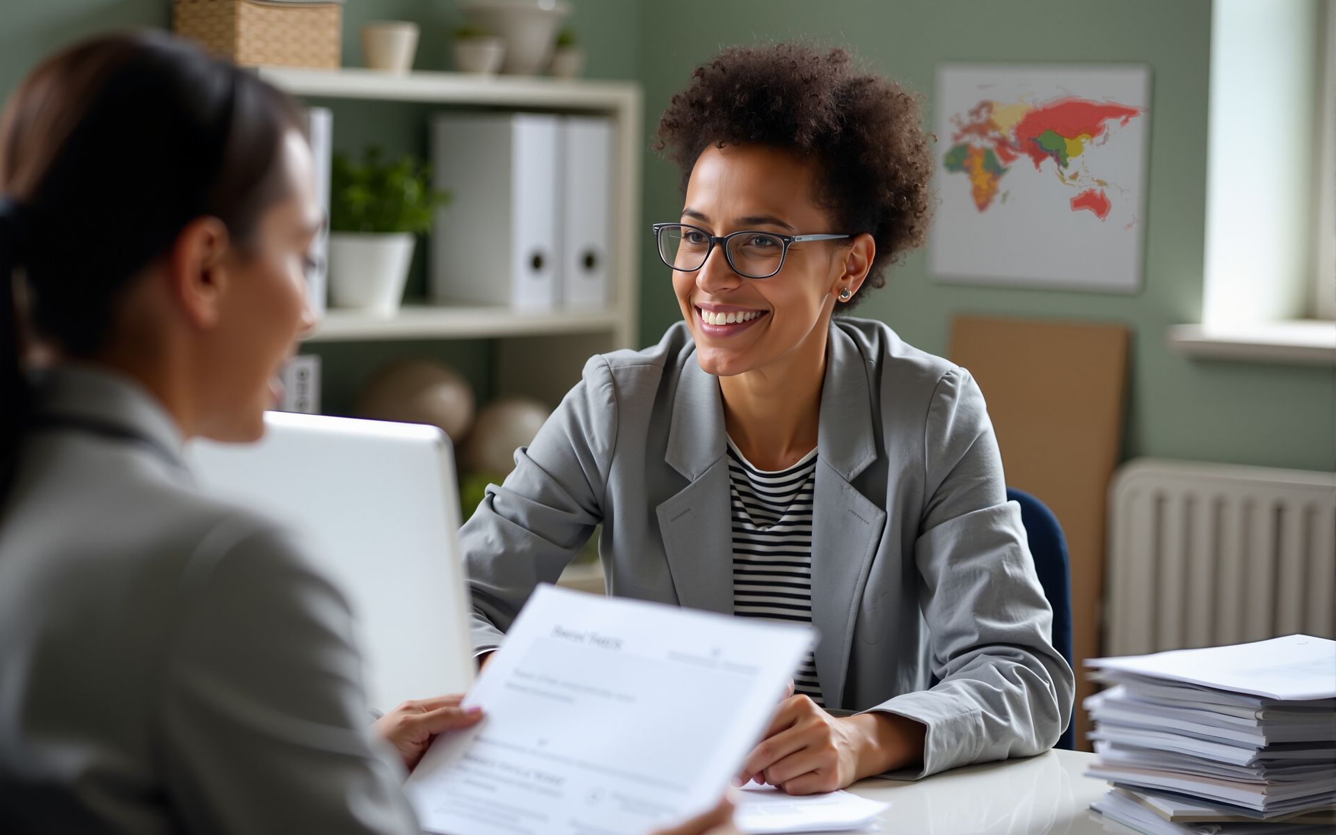 Woman in gray blazer smiling, holding a document, in office setting; interviewing another woman.