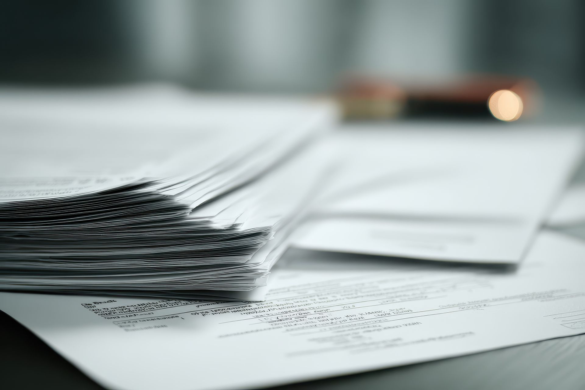 Stack of white papers on a desk with a blurred background.