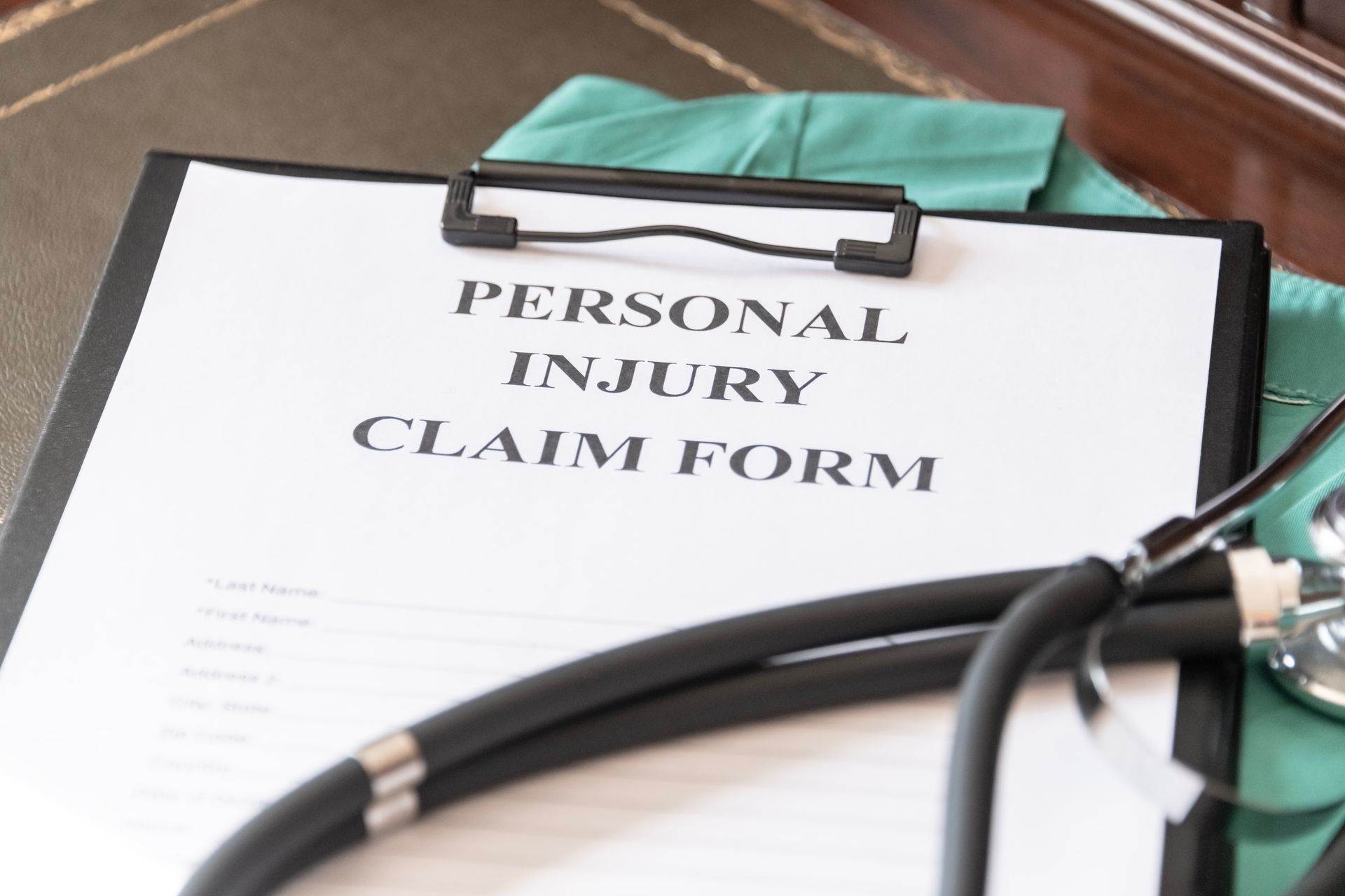 Personal injury claim form on clipboard with stethoscope. Personal injury claim form on clipboard with stethoscope.
