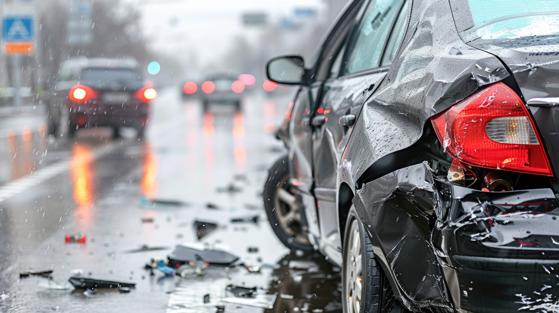 Damaged black car on wet road after a collision. Debris scattered nearby, other cars in background. Damaged black car on wet road after a collision. Debris scattered nearby, other cars in background.