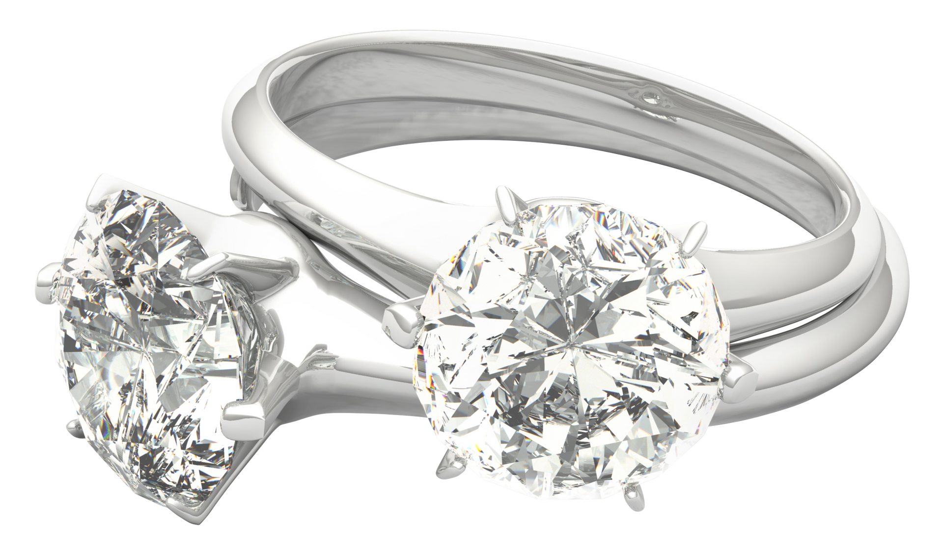 Two solitaire engagement rings with large round-cut diamonds in white gold settings
