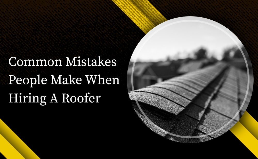 A black and white photo of a roof with the words `` common mistakes people make when hiring a roofer ''.