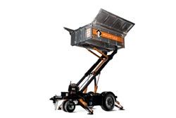 A dumpster is sitting on top of a trailer on a white background.