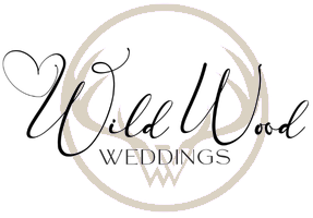 Wild Wood Weddings logo with heart and beige circular wreath on white background