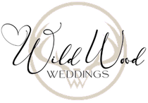 Wild Wood Weddings logo with heart and beige circular wreath on white background