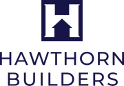 The hawthorn builders logo is a blue and white logo with an arrow pointing up.