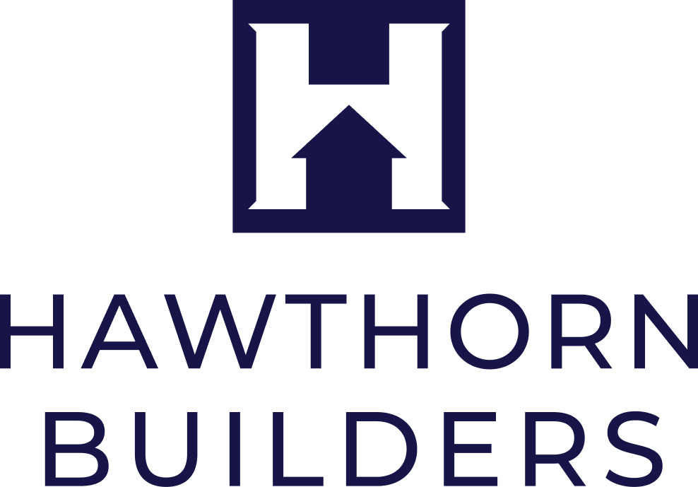 The hawthorn builders logo is a blue and white logo with an arrow pointing up.