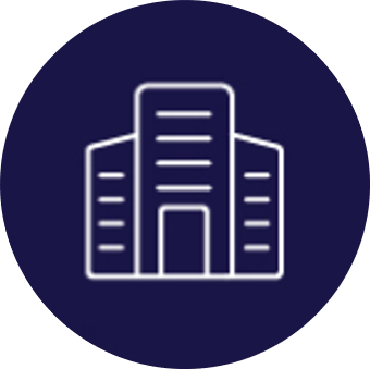 An icon of a building in a circle on a blue background.