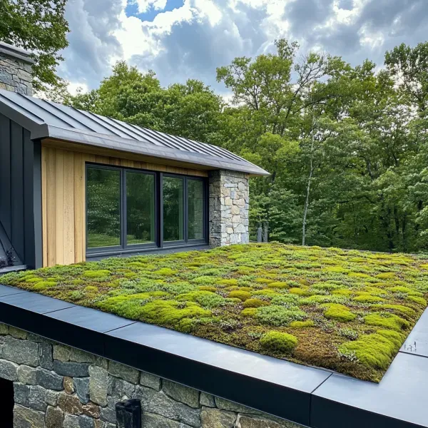 A house with a green roof and trees in the background.