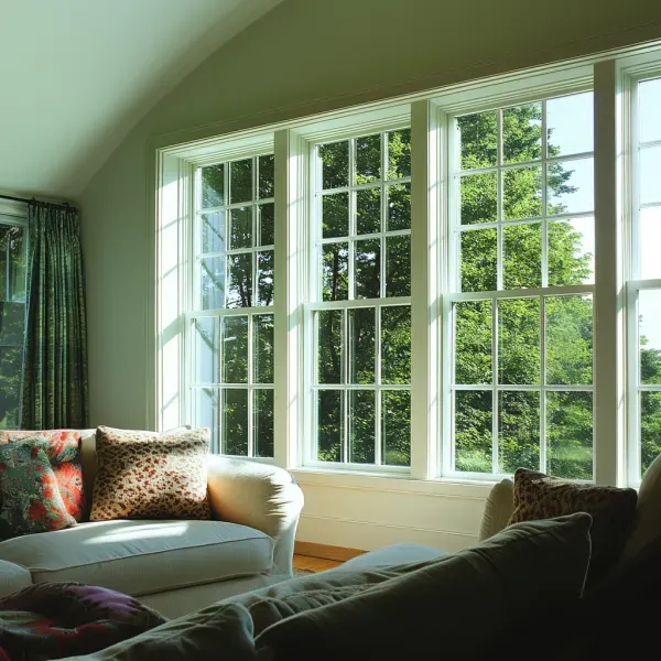 A living room with a couch and lots of windows