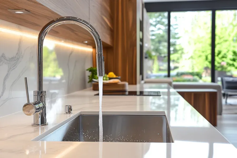 A kitchen sink with water running from the faucet.
