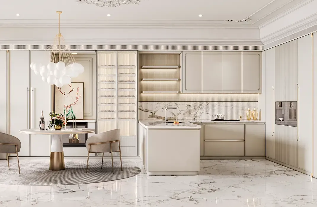 A kitchen with marble counter tops , black cabinets , and a large island.