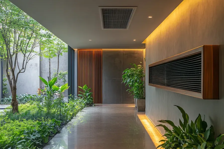A hallway filled with plants and trees in a building.