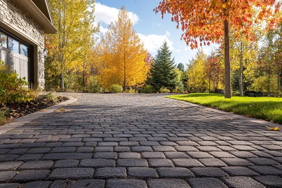 A brick driveway leading to a house with trees in the background.