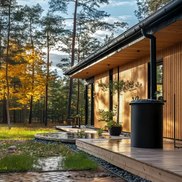 A wooden house in the middle of a forest