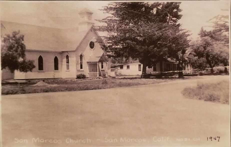 A black and white photo of a church from 1947