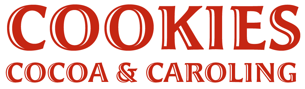 The logo for cookies cocoa and caroling is red on a white background.