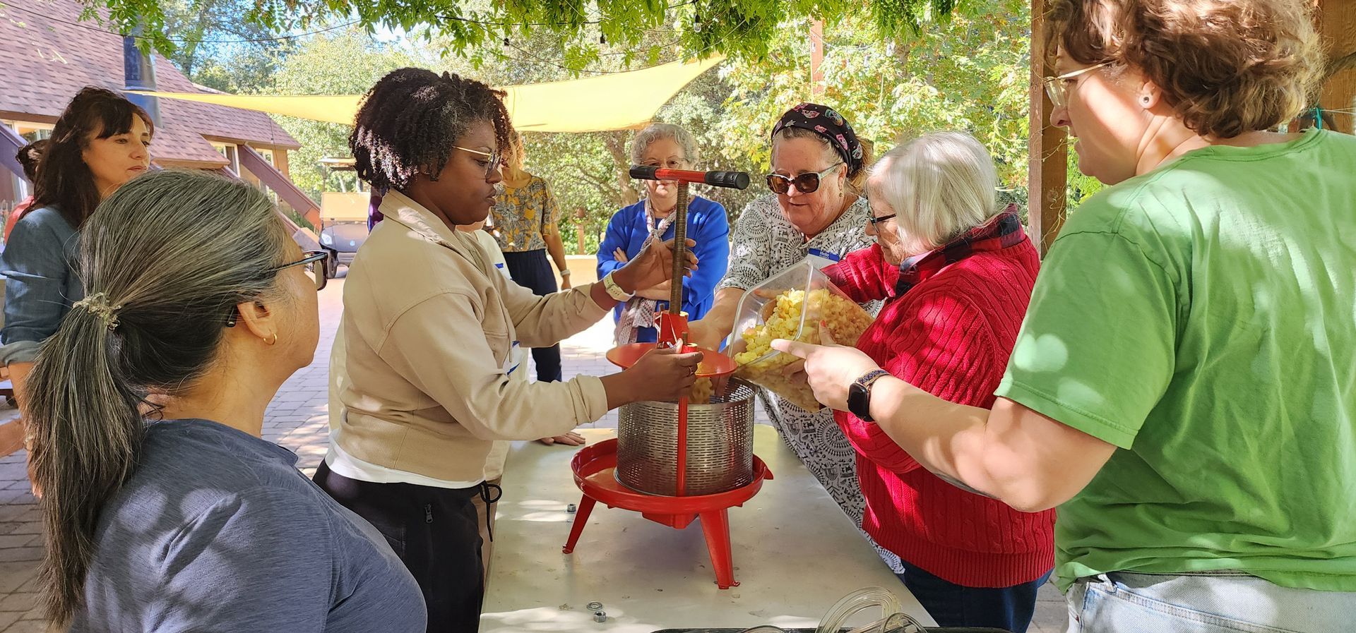 A group of people pressing fruit outdoors. Several women in casual clothes are working together.