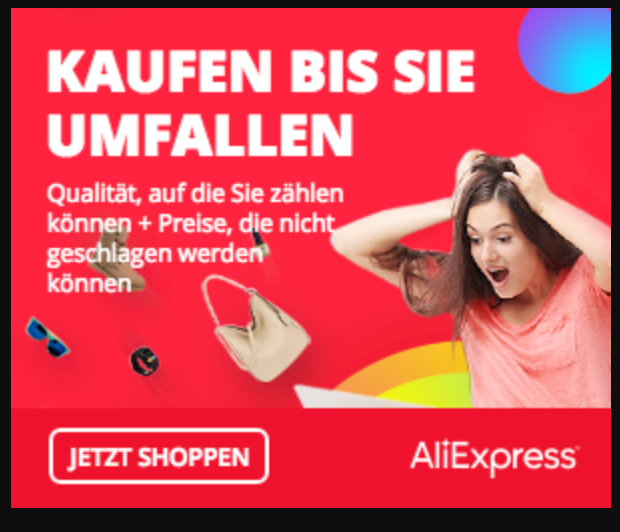 Een advertentie voor Aliexpress toont een vrouw met haar handen op haar hoofd