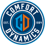 Logo for Comfort Dynamics: Blue and orange stylized CD emblem within a circle, with 
