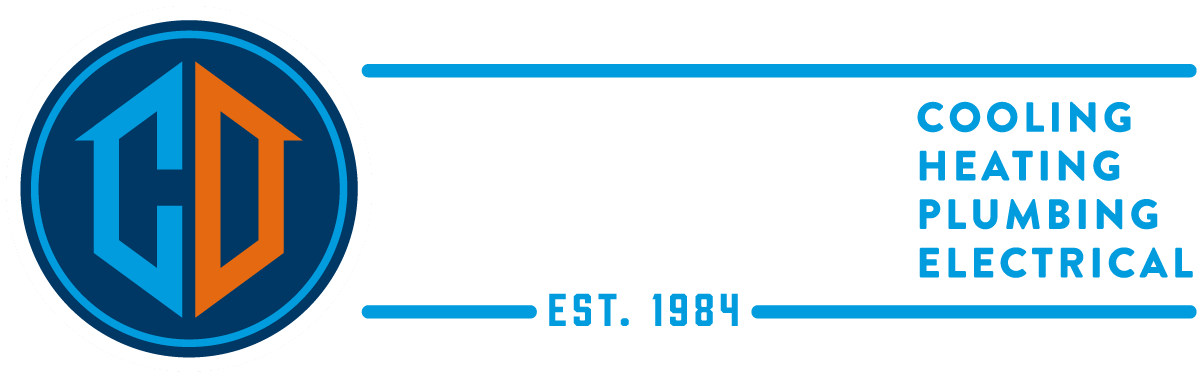 Logo with blue and orange CD in a circle, with services: cooling, heating, plumbing, electrical. Established 1984.
