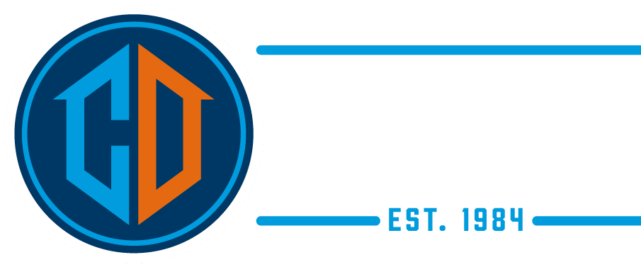Logo with blue circle, CD initials inside hexagon, services: cooling, heating, plumbing. Est. 1984.