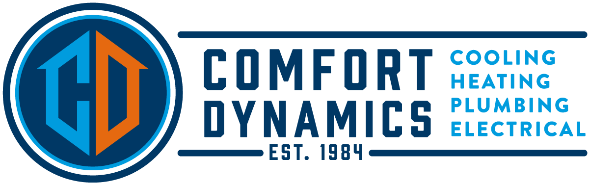 Logo of Comfort Dynamics, HVAC company. Blue and orange hexagon with initials