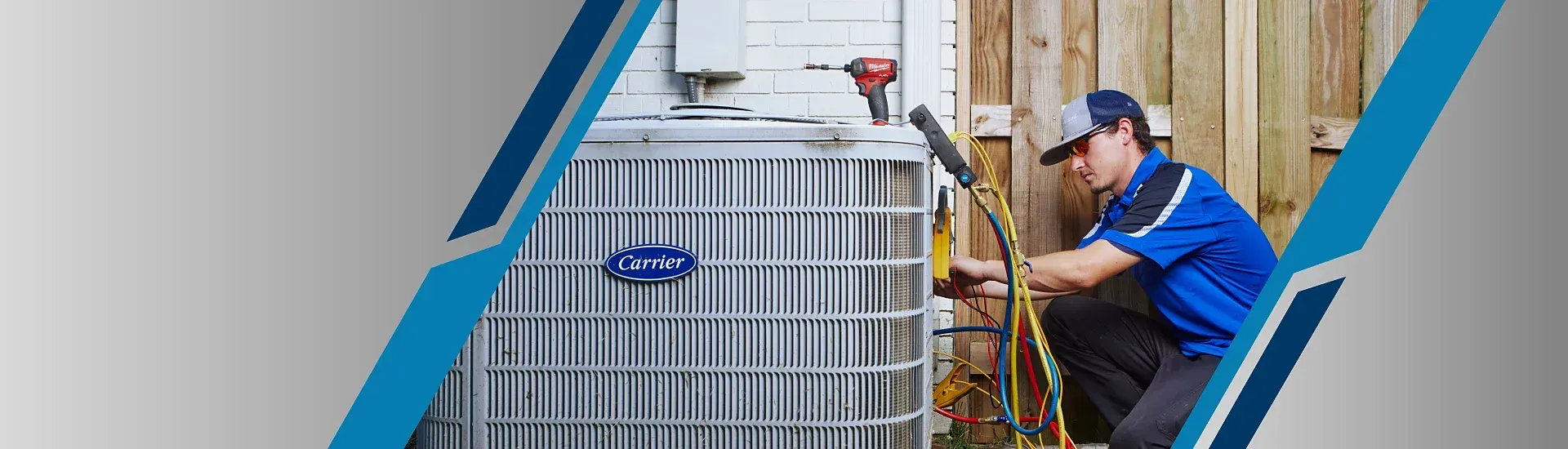 HVAC technician working on an air conditioning unit outside a home.