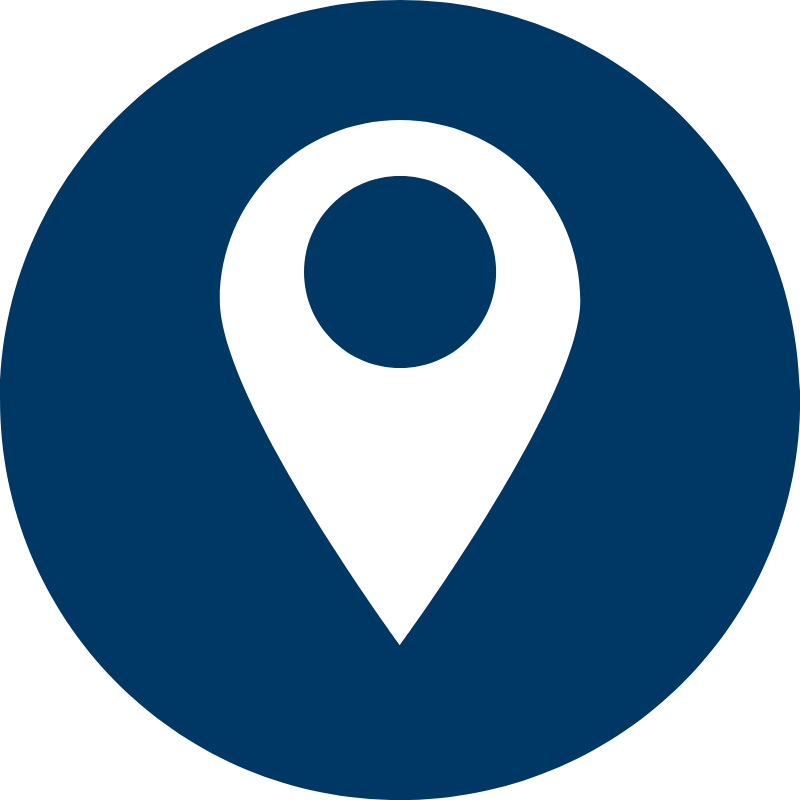 White location pin icon in a blue circle.