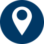 White location pin icon on a dark blue circle.