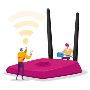 Due uomini stanno lavorando su un router viola.