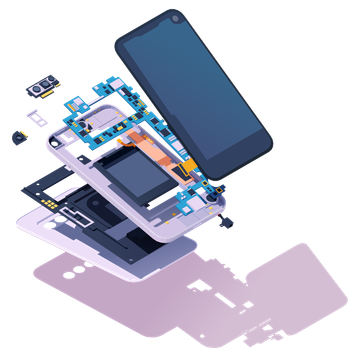 Un'illustrazione isometrica di un telefono cellulare che viene smontato.