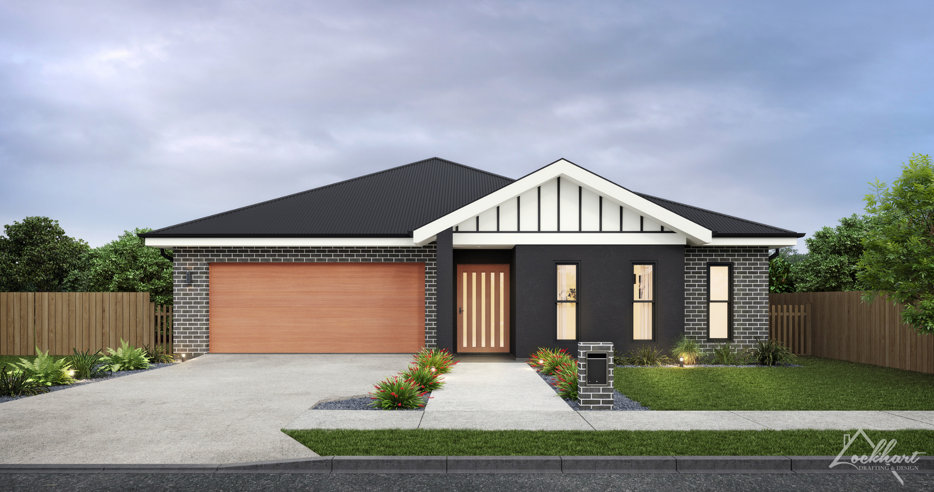 Modern home exterior with black roof, brick and black walls, wooden garage door, and a walkway.