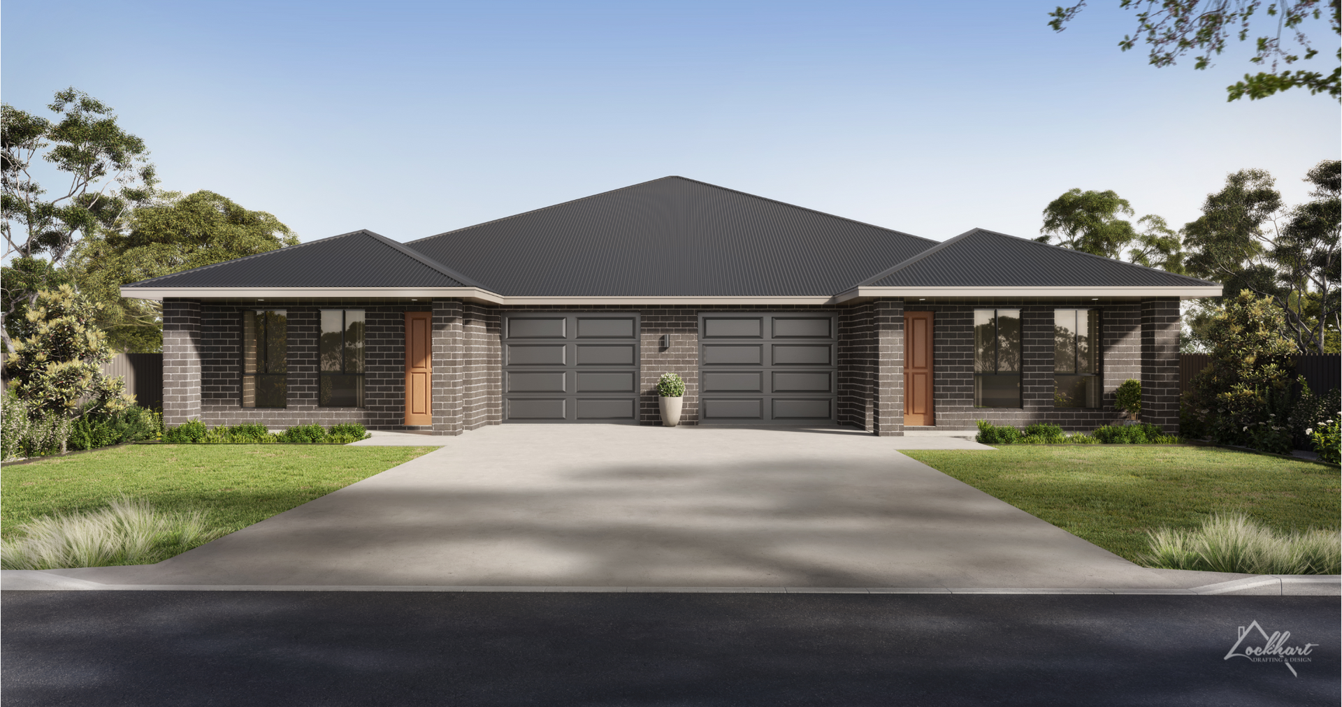 Two modern duplexes with gray brick exterior, gray roofs, and two-car garages.
