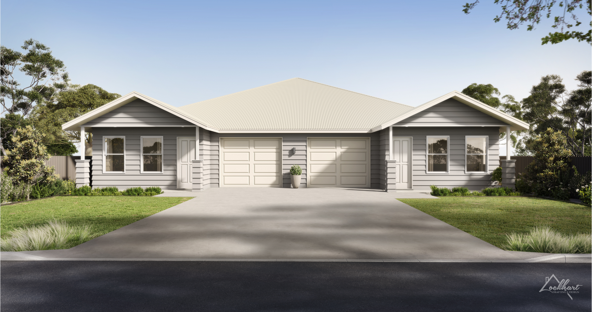 Two gray duplex homes with white garage doors and a shared driveway, trees in the background.