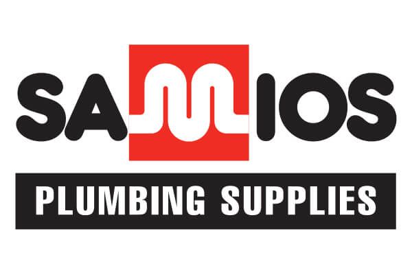 Logo for SAMIOS Plumbing Supplies, bold black text over a red square with white plumbing symbol. 