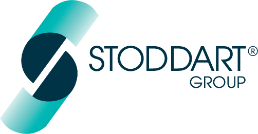 Stoddart Group logo with an abstract teal and dark blue design.