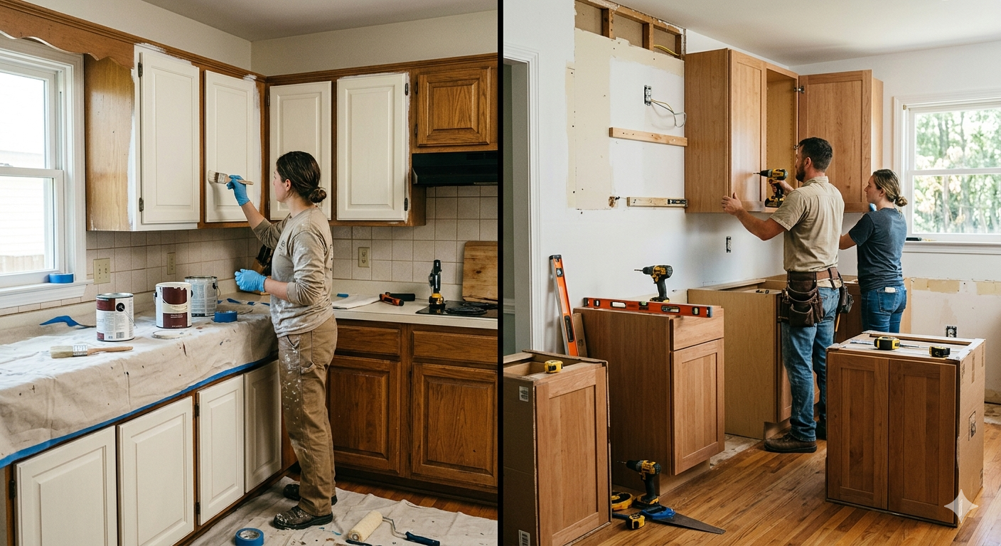 A split-screen view showing a person painting kitchen cabinets on the left and two people installing cabinets on the right.
