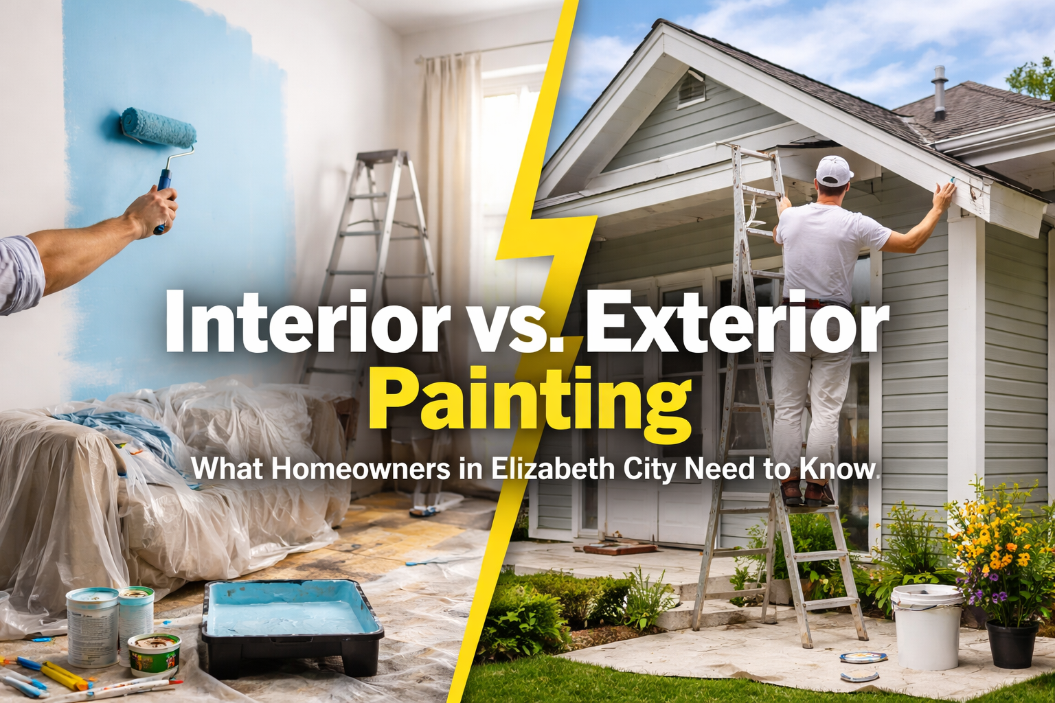 Split image: a painter working on an interior wall and an exterior siding, with the title