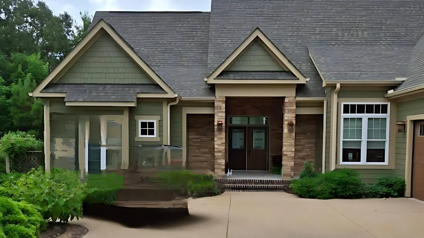 Green house with tan trim and stone accents, front yard with landscaping, asphalt driveway.