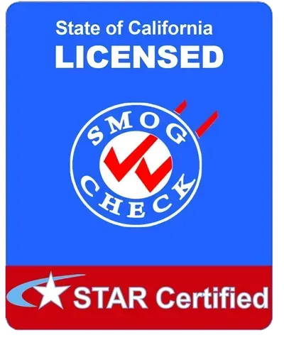 California STAR certified smog check station logo: blue background with white text and a red star.