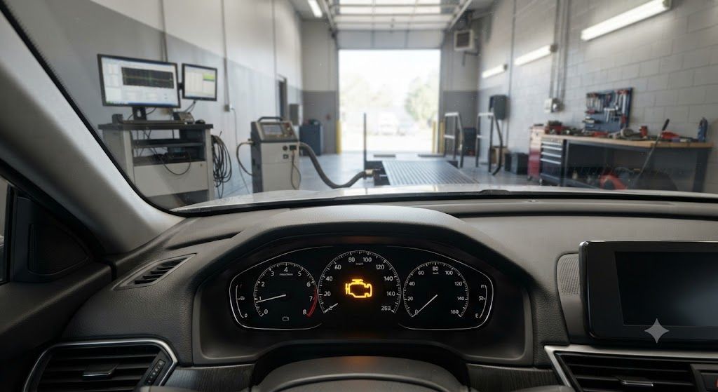 Car dashboard view inside a garage, with illuminated instrument cluster and workbenches ahead.