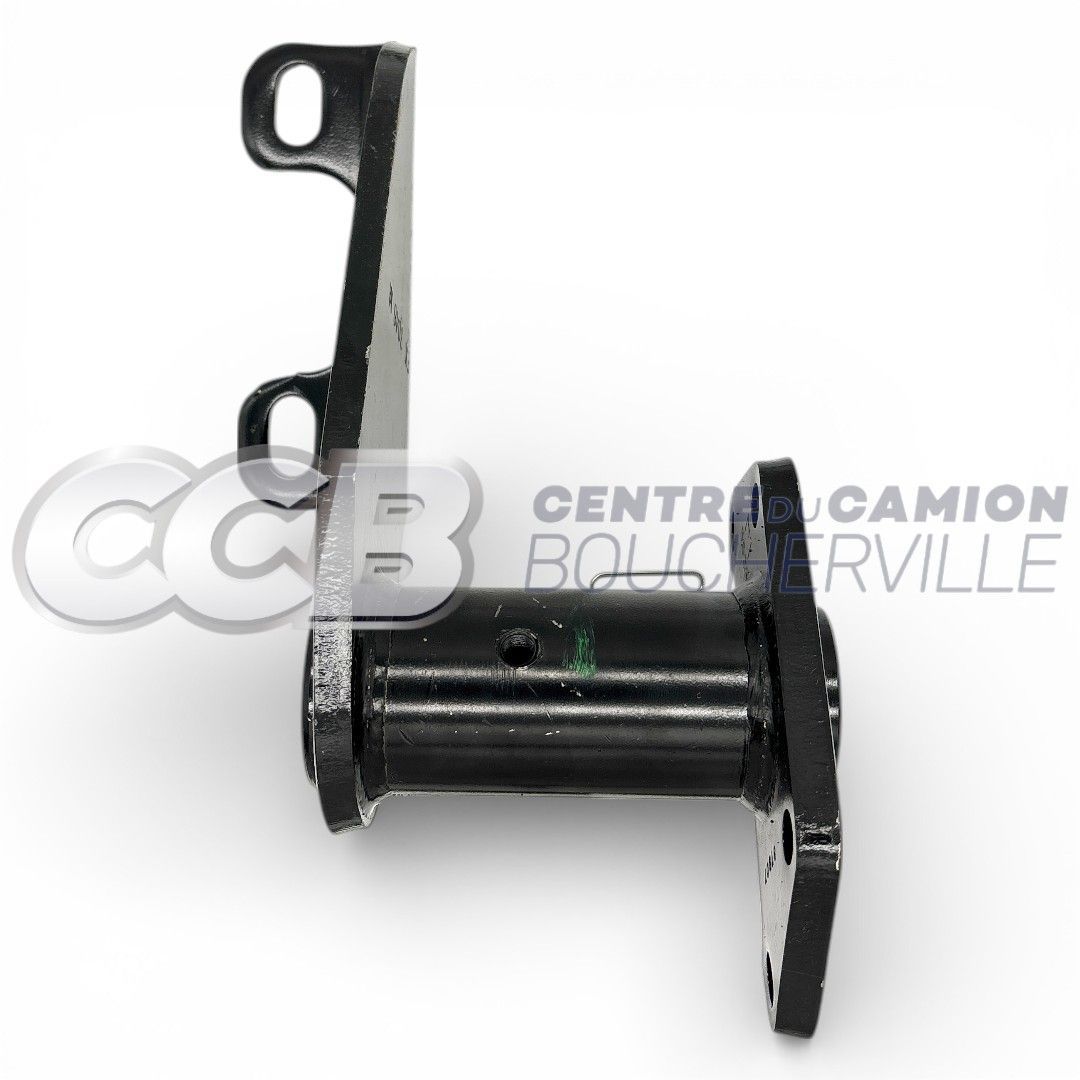 Support de suspension de camion en métal noir avec un centre cylindrique et deux brides de fixation.