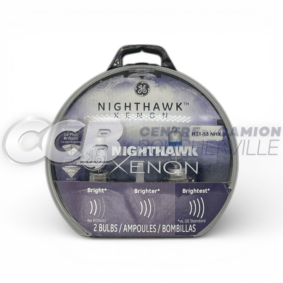 Un emballage circulaire gris contenant deux ampoules de phares automobiles au xénon GE Nighthawk.