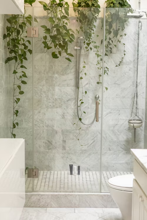 Shower with marble tile, glass door, and hanging green plants.