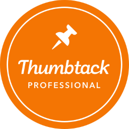 An orange thumbstuck professional logo with a pin on it