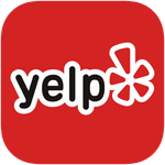 A yelp logo on a red background