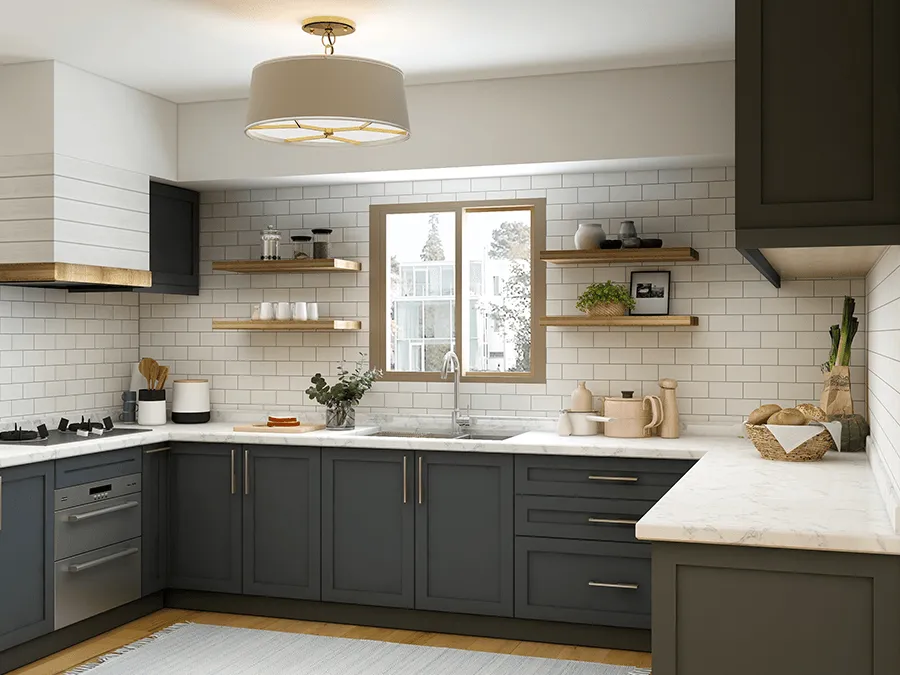 Gray kitchen with white subway tile backsplash, dark cabinets, and floating shelves.